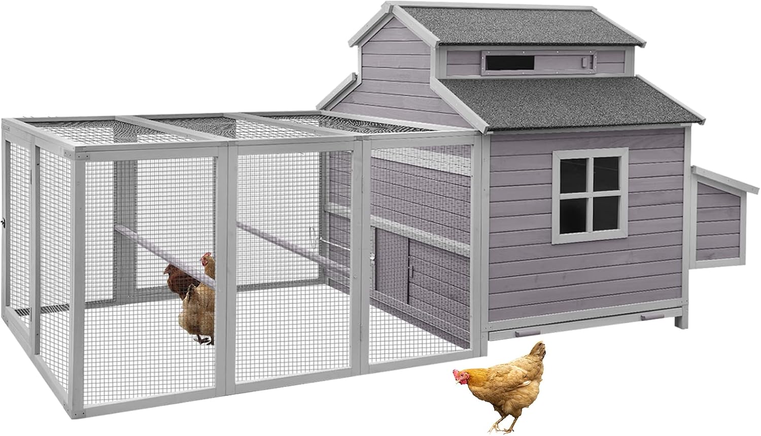 115’’ Large Chicken Coop with Run, Wooden Hen House with Nesting Boxes, Outdoor Poultry Cage with Waterproof Asphalt Roof for 8-10 Chickens, Chicken Tractor with Leakproof Pull-on Tray