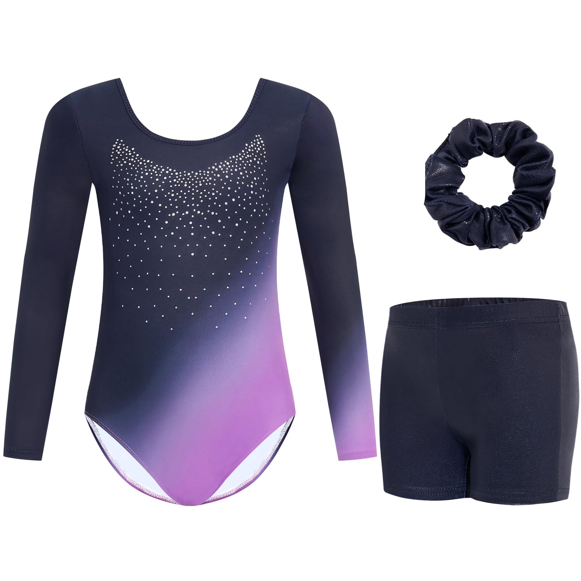 Gogokids Mädchen Dreiteilige Gymnastikanzüge, Langärmliges Gymnastik Set mit Shorts und Haarband, Glitzernde Balletteinheitstrikots - Gymnastik Outfit mit Farbverlaufdesign für 3-12 Jahre