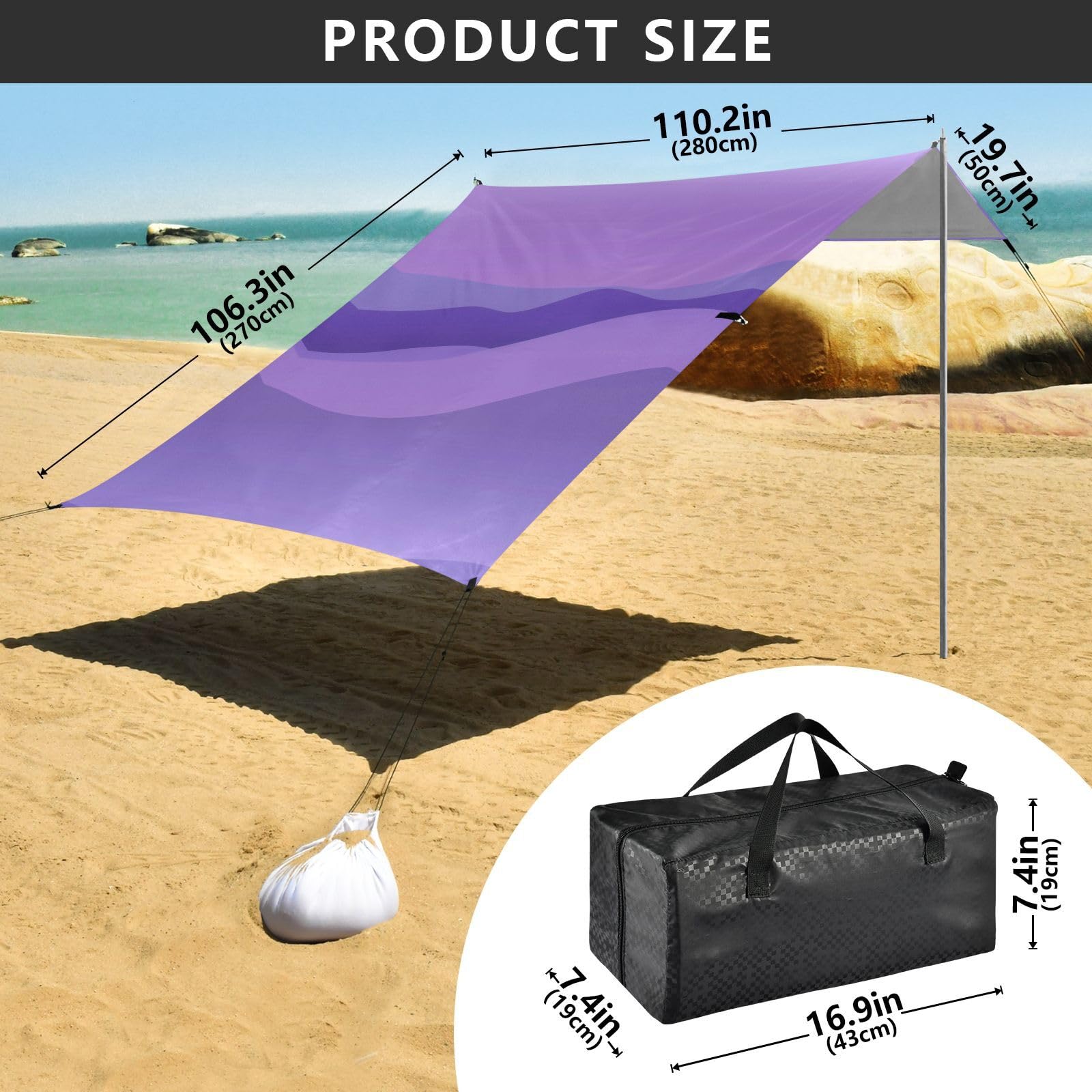 Grand pare-soleil imperméable avec pelle à sable, sac de sable pour camping, pêche, loisirs dans le jardin ou pique-niques Violet
