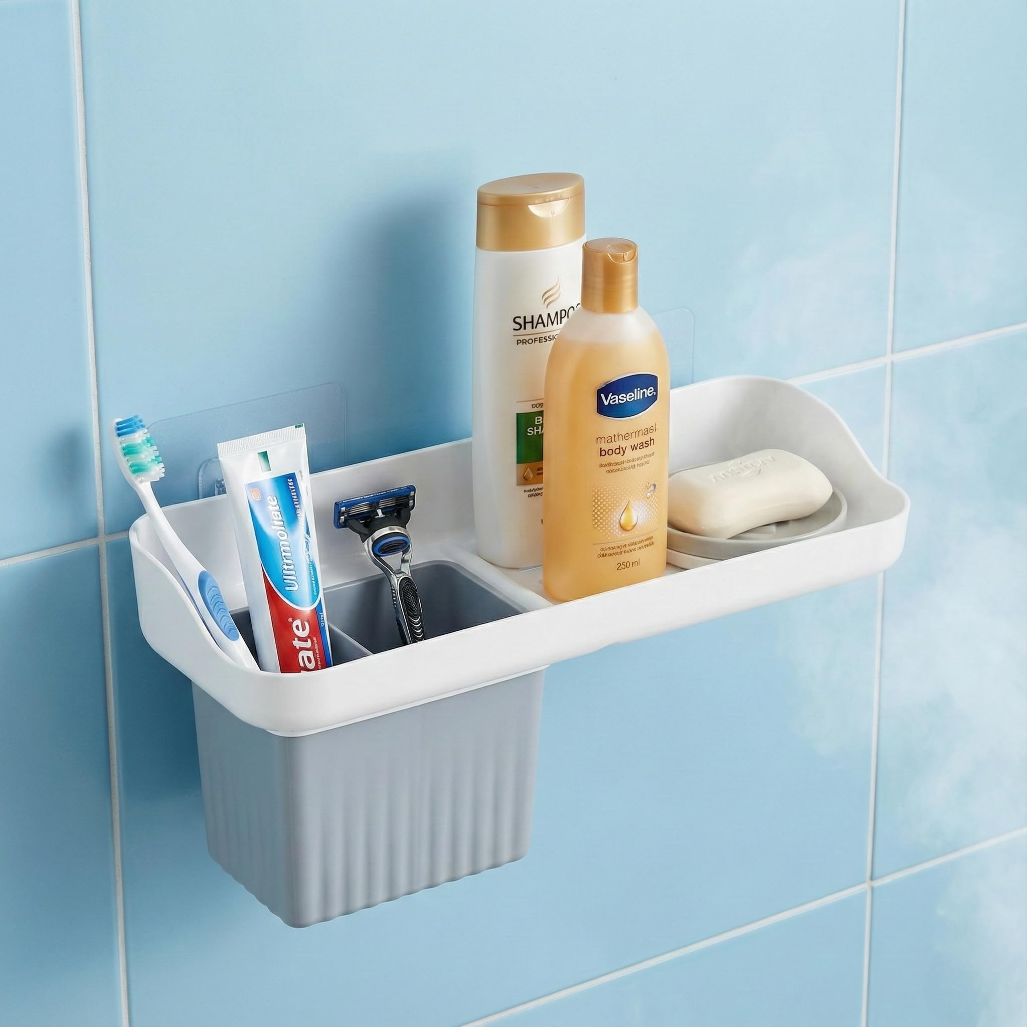 HAPPI Soap Stand for Bathroom – Self-Adhesive Wall-Mounted Soap Case with Glass Tumbler, Tooth Brush Holder & Bottle Space Shelf Tray, Soap Dish Holder for Bathroom Organizer (White/Grey)-image-11