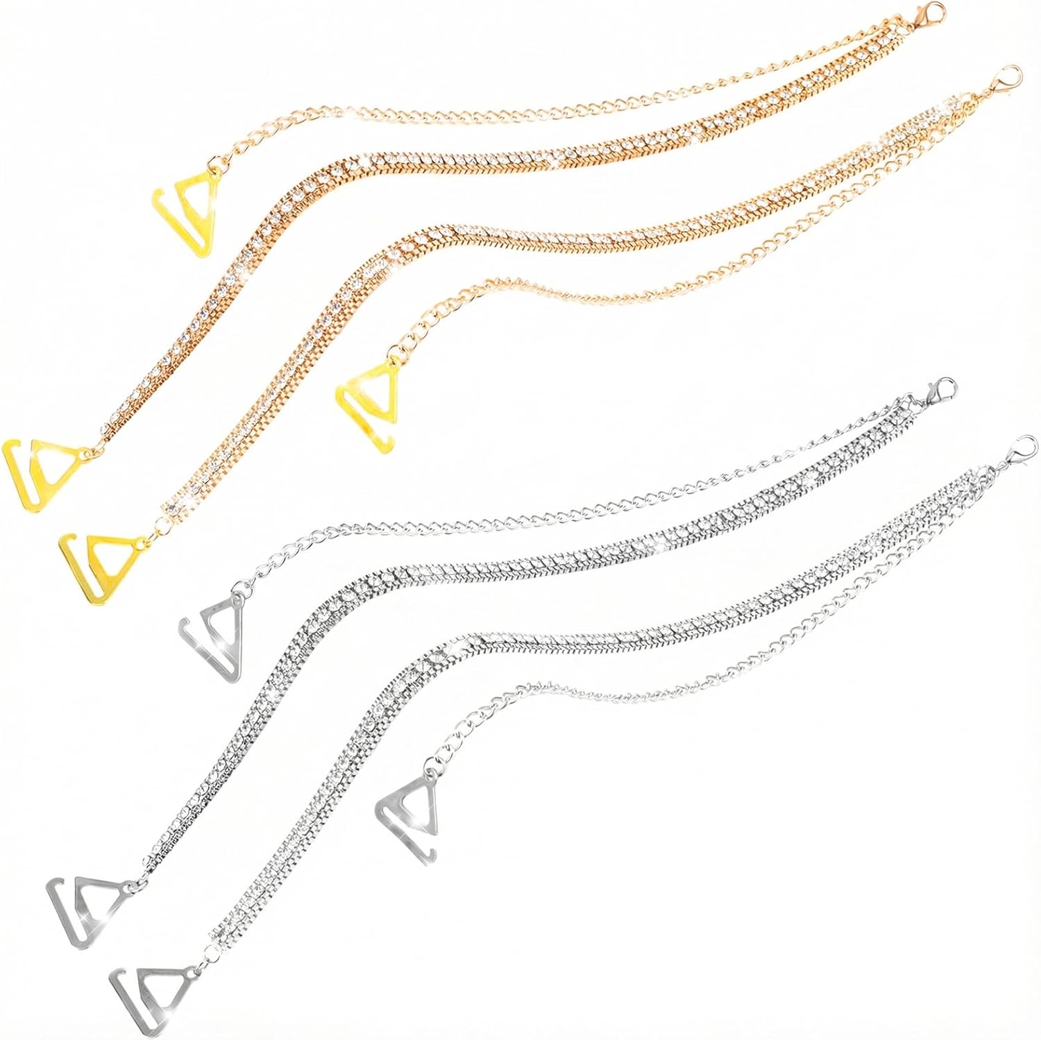 2 Pairs Adjustable Rhinestones Bra Shoulder Chain (Silver, Gold)