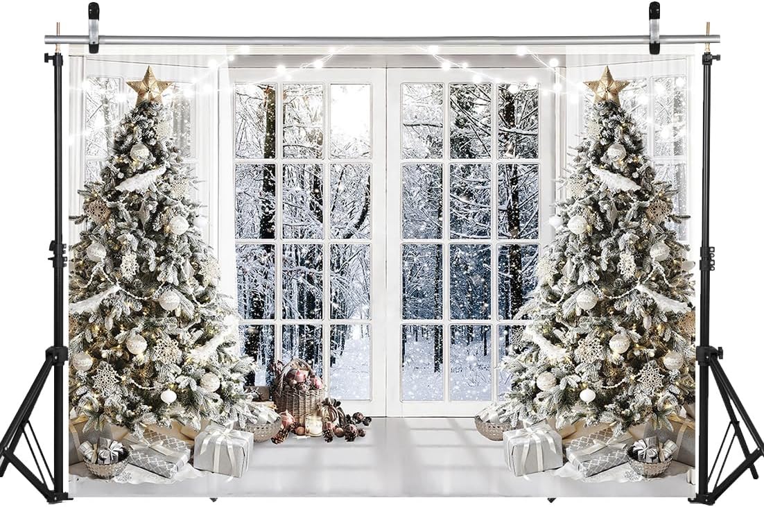 Condition photo showing New/Like New for wolada white christmas photography backdrop snowy winter window scene christmas trees gifts snowy forest background for holiday portraits christmas parties studio props festive decor 7x5ft fw74