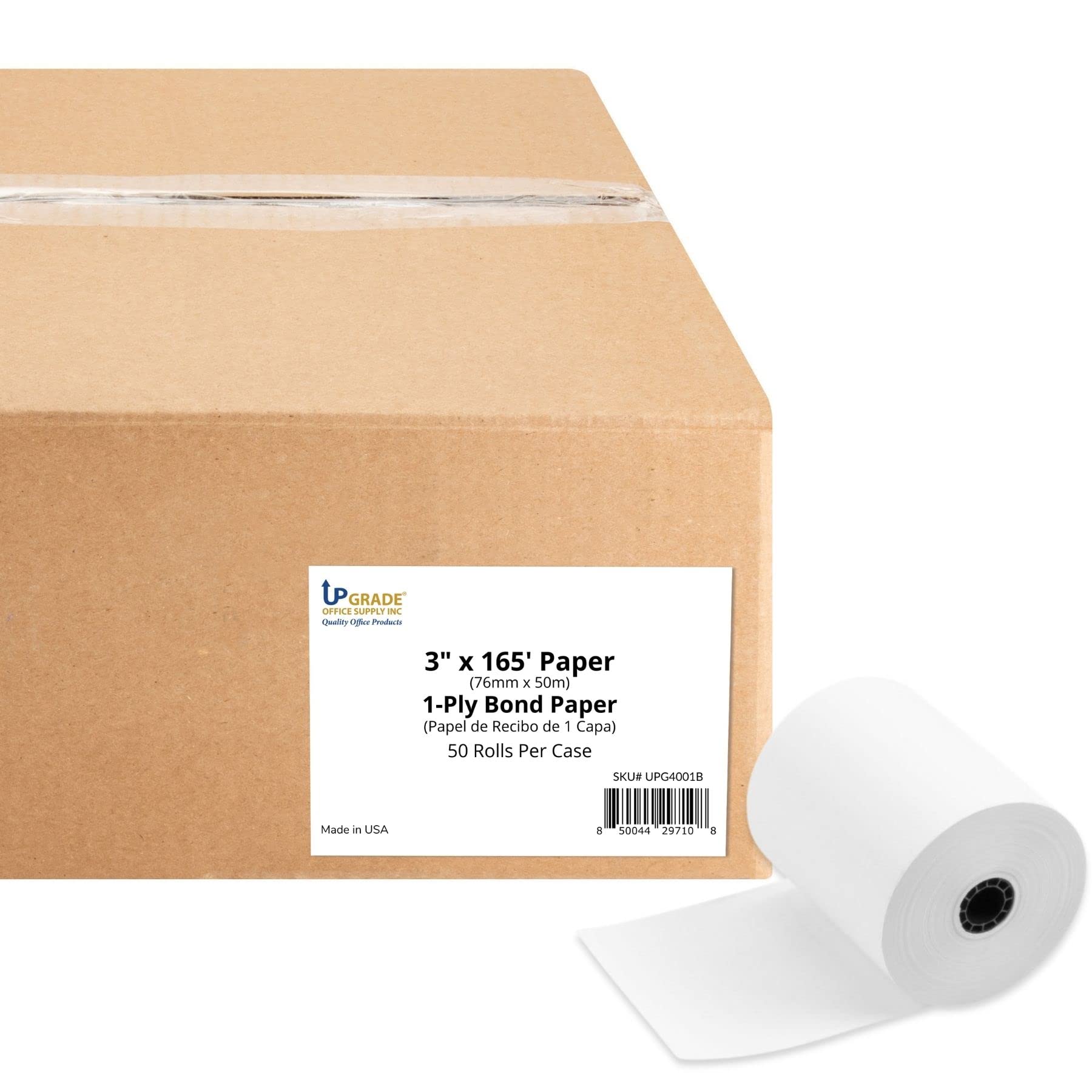 UPG4001B 1-warstwowy papier paragonowy do wiązania 7,6 cm x 165 ' (76 mm x 50 m), rozmiar rdzenia 7/16, jednowarstwowy biały klej, papier do kasy fiskalnej POS, 50 rolek w etui