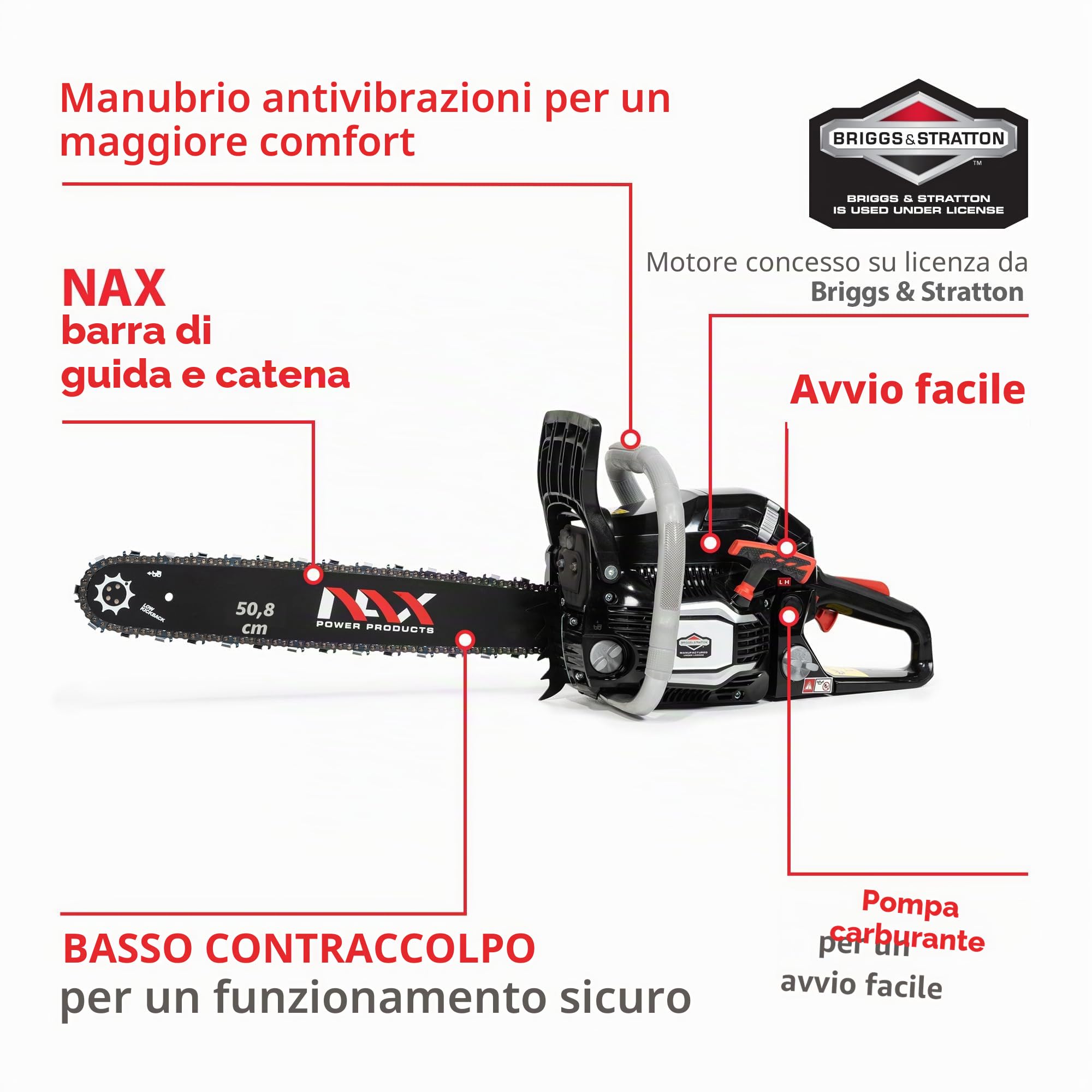 NAX POWER PRODUCTS NAX500C 500C Motore 61,5 cm3 2 kW Briggs & Stratton Prodotto con Licenza Barra Guida 20" 50,8 cm Sistema di Rimbalzo Low Kickback Scoppio Motosega