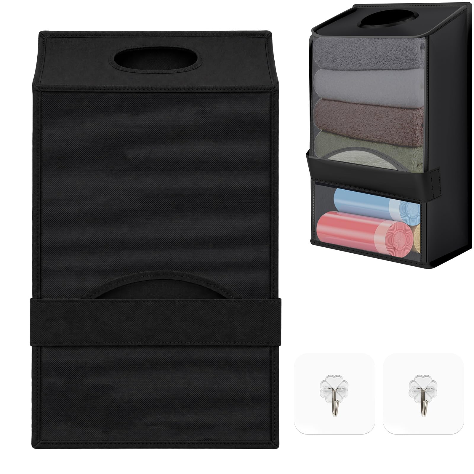 ZEJEXXB 2-in-1 Plastic Bag Holder Wall Mount, Extra Large Oxford Cloth Grocery Bag Storage with Trash Bags Roll Dispenser, Hanging Saver for Kitchen, Pantry & Laundry Organisation(black)