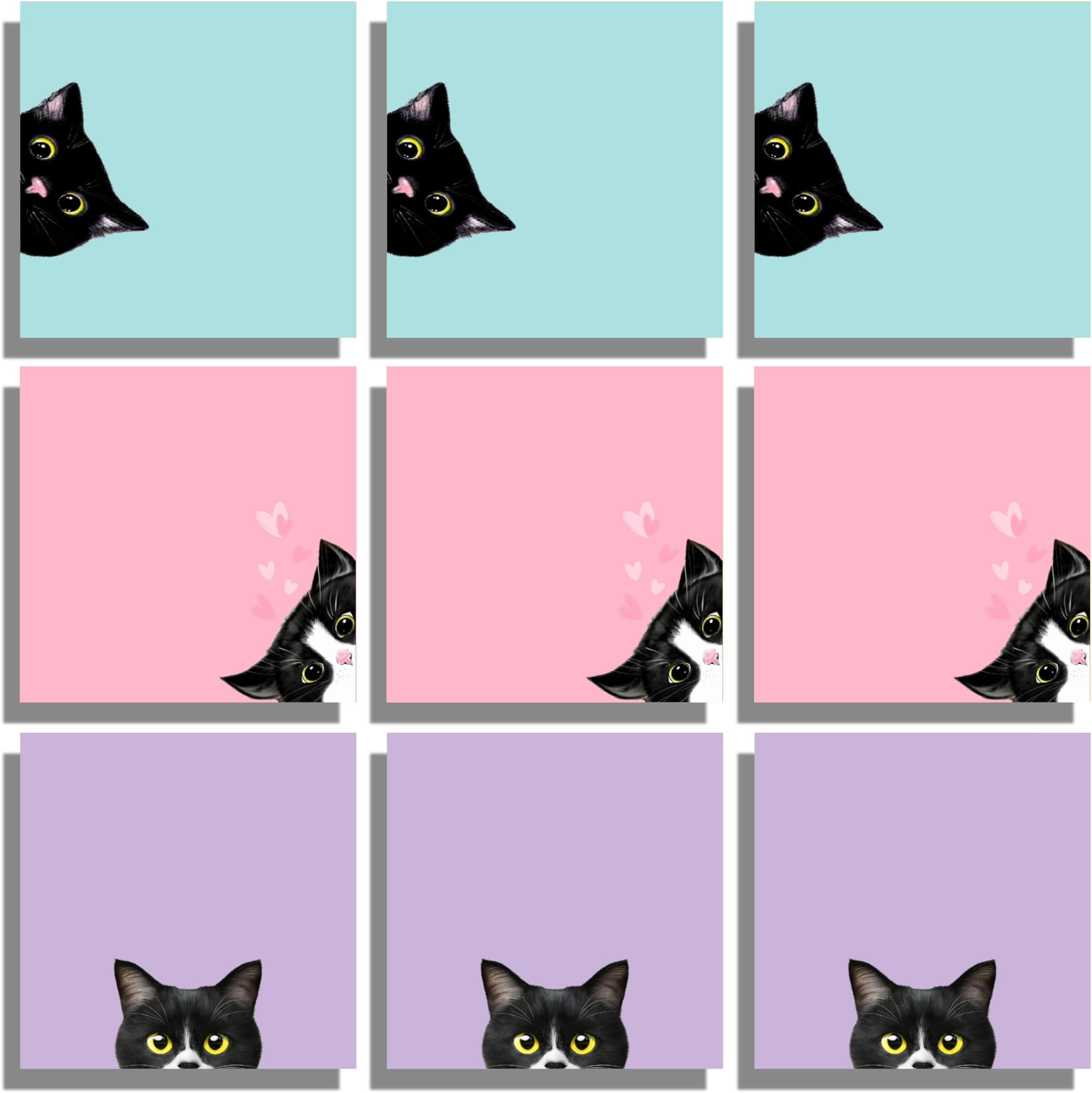9 Pads Black Cat Sticky Notes Set, Pink Self-Stick Note Pads, Super Adhesive Memo Pads Cute Note Card for Cat Lover Gift, Teacher Office and School Supplies, 3x3in