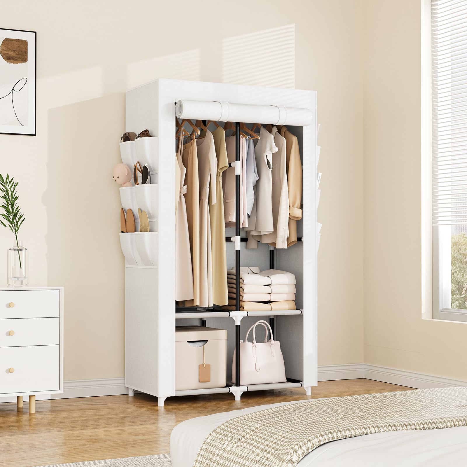 Vicye Armario De Tela, Ropero Portátil para Ropa con 2 Barras Colgantes, 4 Estantes Y 6 Bolsillos Laterales, Armario Portatil Ideal para Dormitorio, Vestidor, Salón, Blanco (90 x 45.5 x 172 cm)