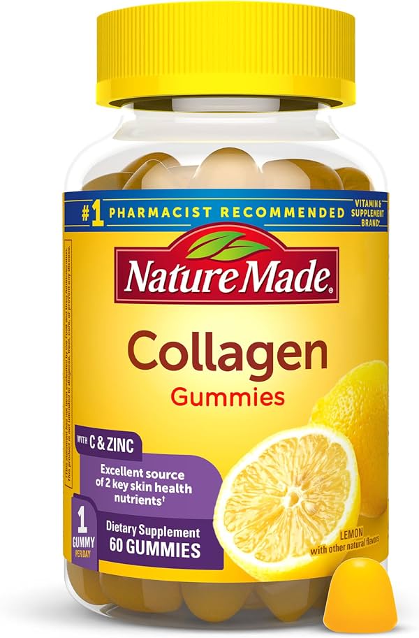 Nature Made Gomitas de colágeno con vitamina C y zinc, 60 gomitas | Péptidos de colágeno hidrolizado para mujeres y hombres, suplemento para una piel saludable con biotina, sabor a limón, suministro para 60 días, 60 unidades (Paquete de 1)