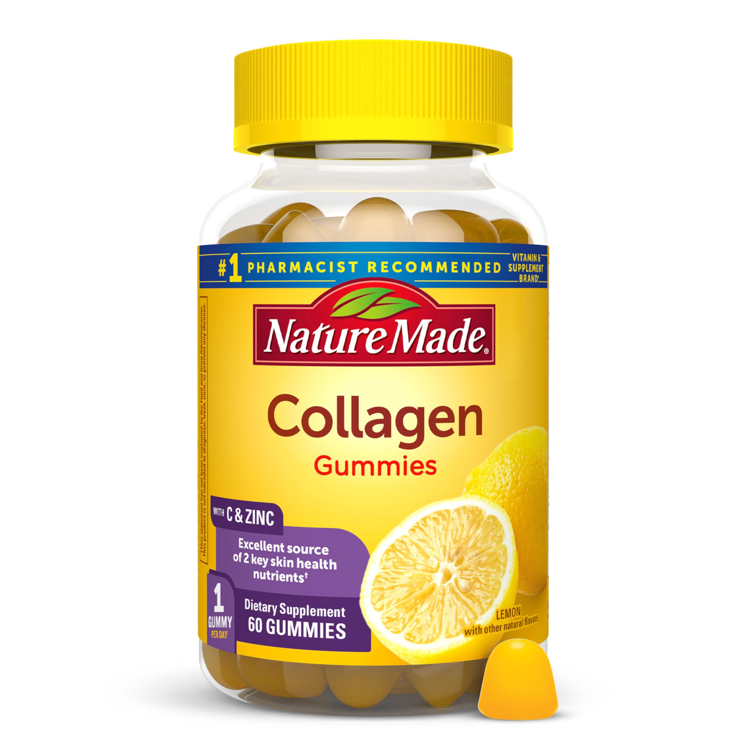 Nature Made Collagen Gummies with Vitamin C, Zinc, Biotin, Hydrolyzed Collagen Peptides for Women and Men, Healthy Skin Support Supplement, 60 Gummies, 60 Day Supply