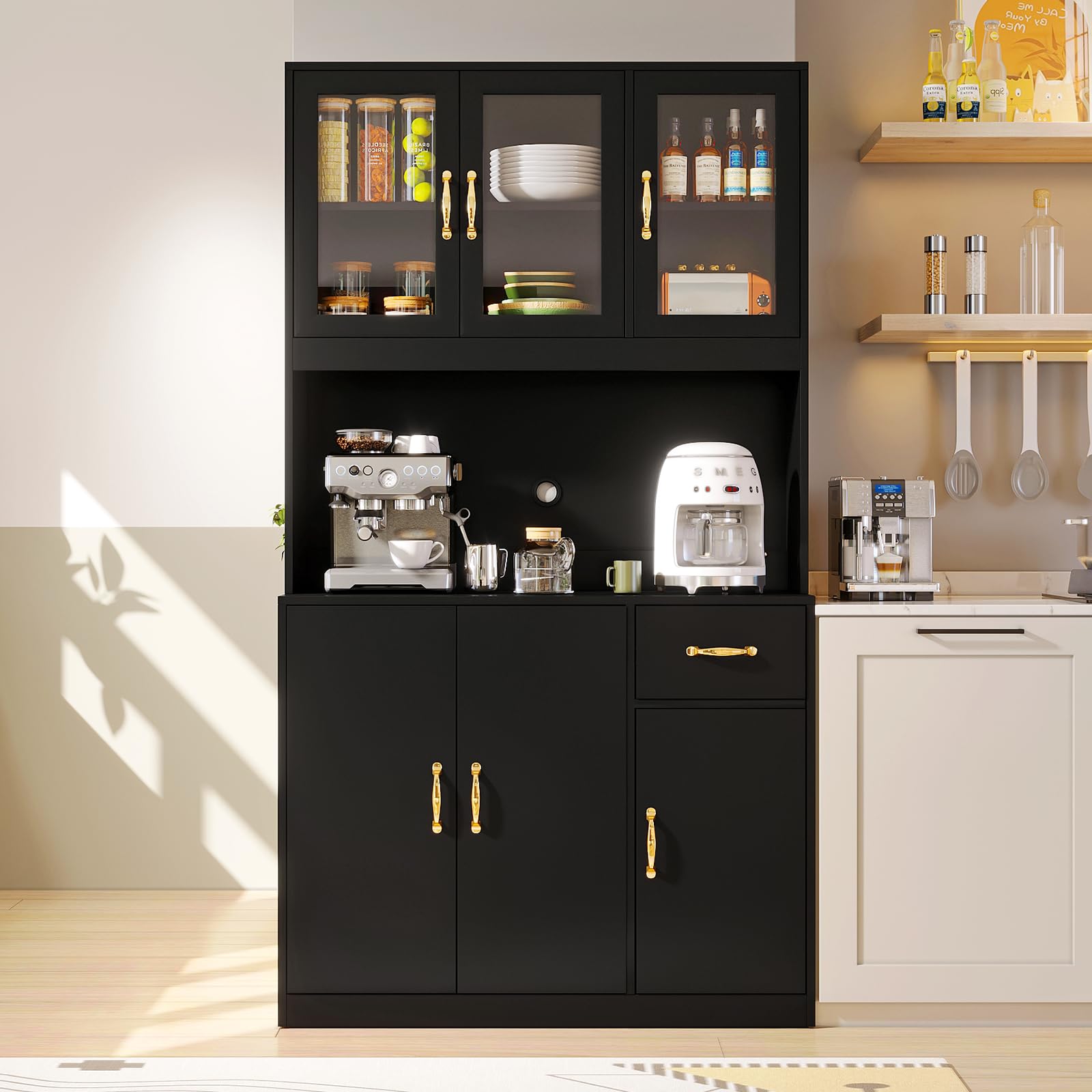 VOWNER Küchenschrank Mit Arbeitsplatte, Hochschrank, Vitrinenschrank Mit 6 Türen, Küchenbuffet
