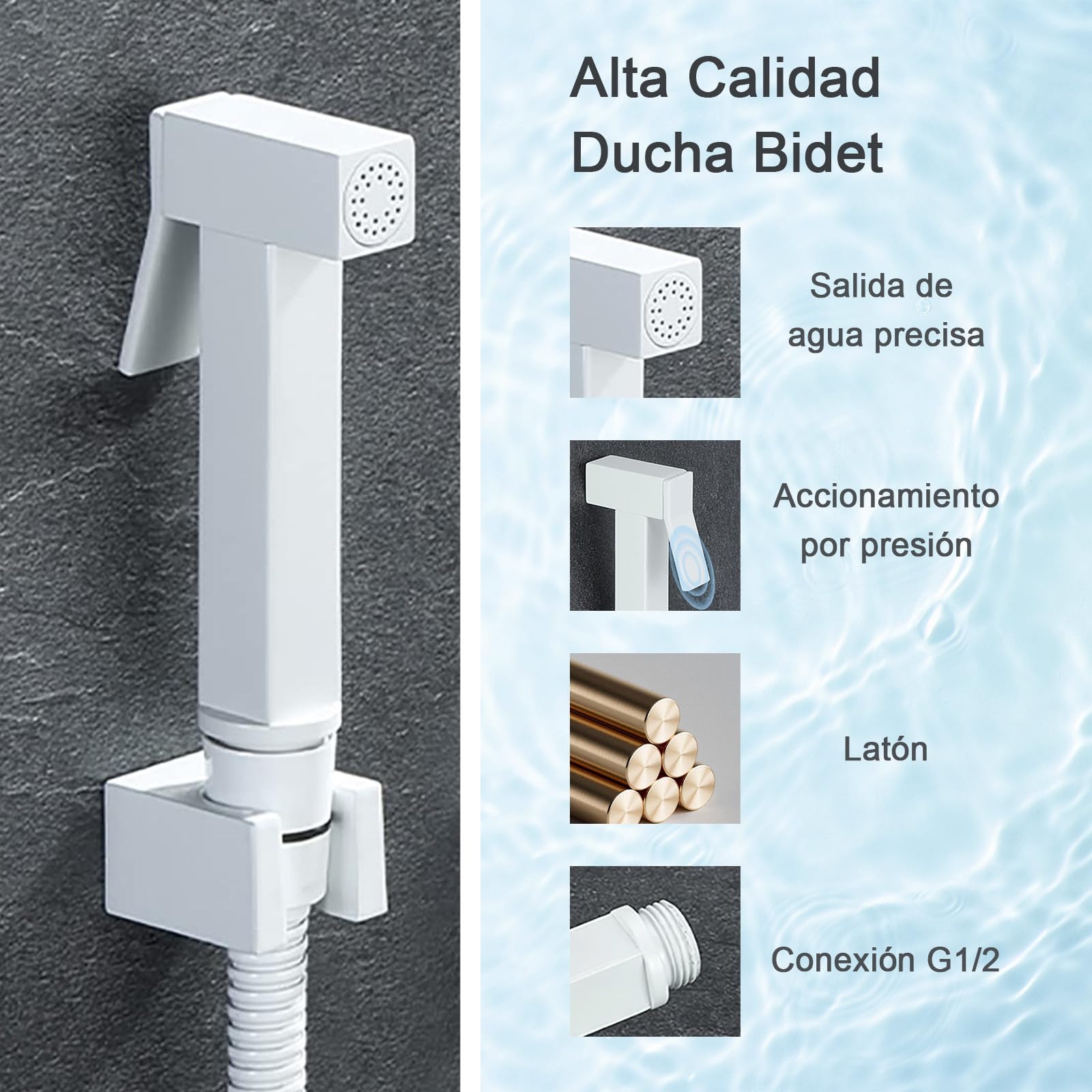 Ducha Higienica para WC en Latón, Grifo Bidet para WC Empotrado con Soporte y Manguera, Pulverizador de Bidé de Mano Agua Fría, para Higiene Personal, Blanco