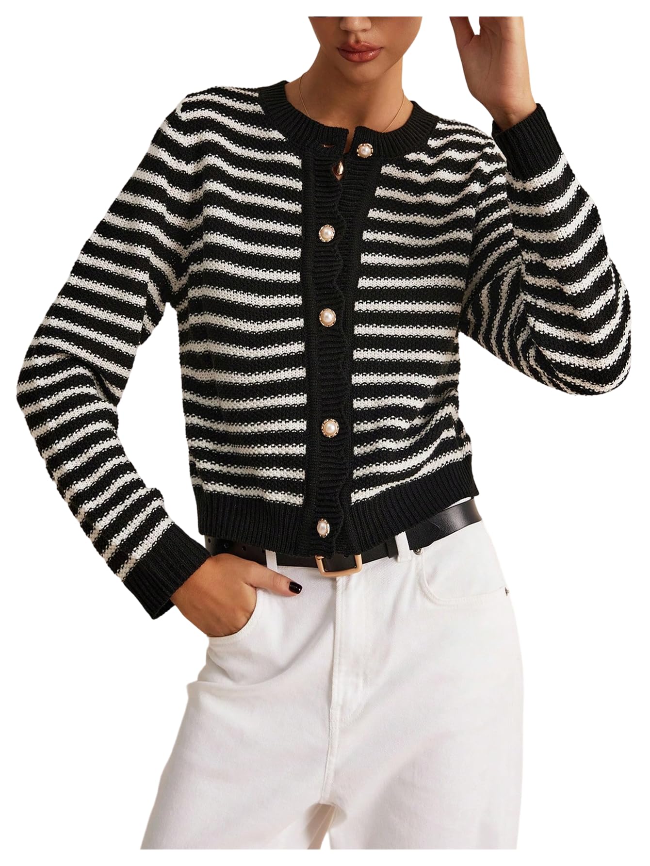 MakeMeChic Womens Striped Cardigan Button Down Long Sleeve Scallop Old Money Sweater