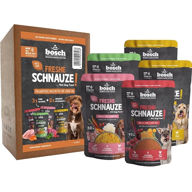 Bozal Bosch Freshe, Paquete de acción de Comida húmeda 5 x 250 g, pienso Completo Suave al Vapor para Perros