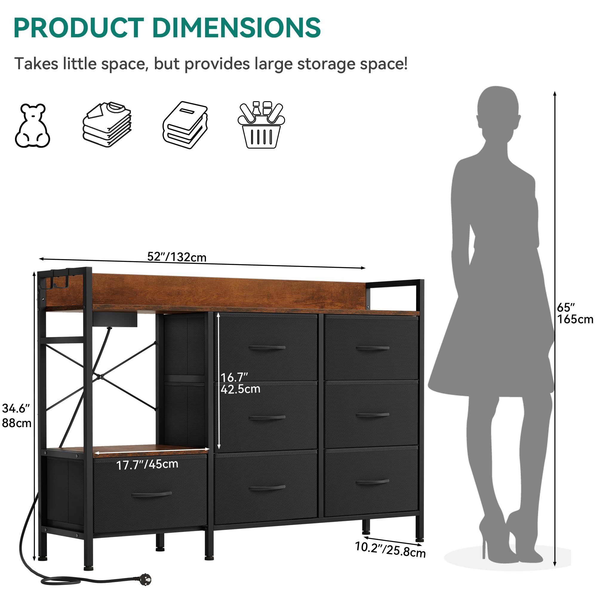 YITAHOME Commode pour Chambre à Coucher avec 7 tiroirs en Tissu, Commode avec 2 Prises, 2 Ports USB et Bande Lumineuse LED, Meuble TV avec Crochets latéraux, Noir