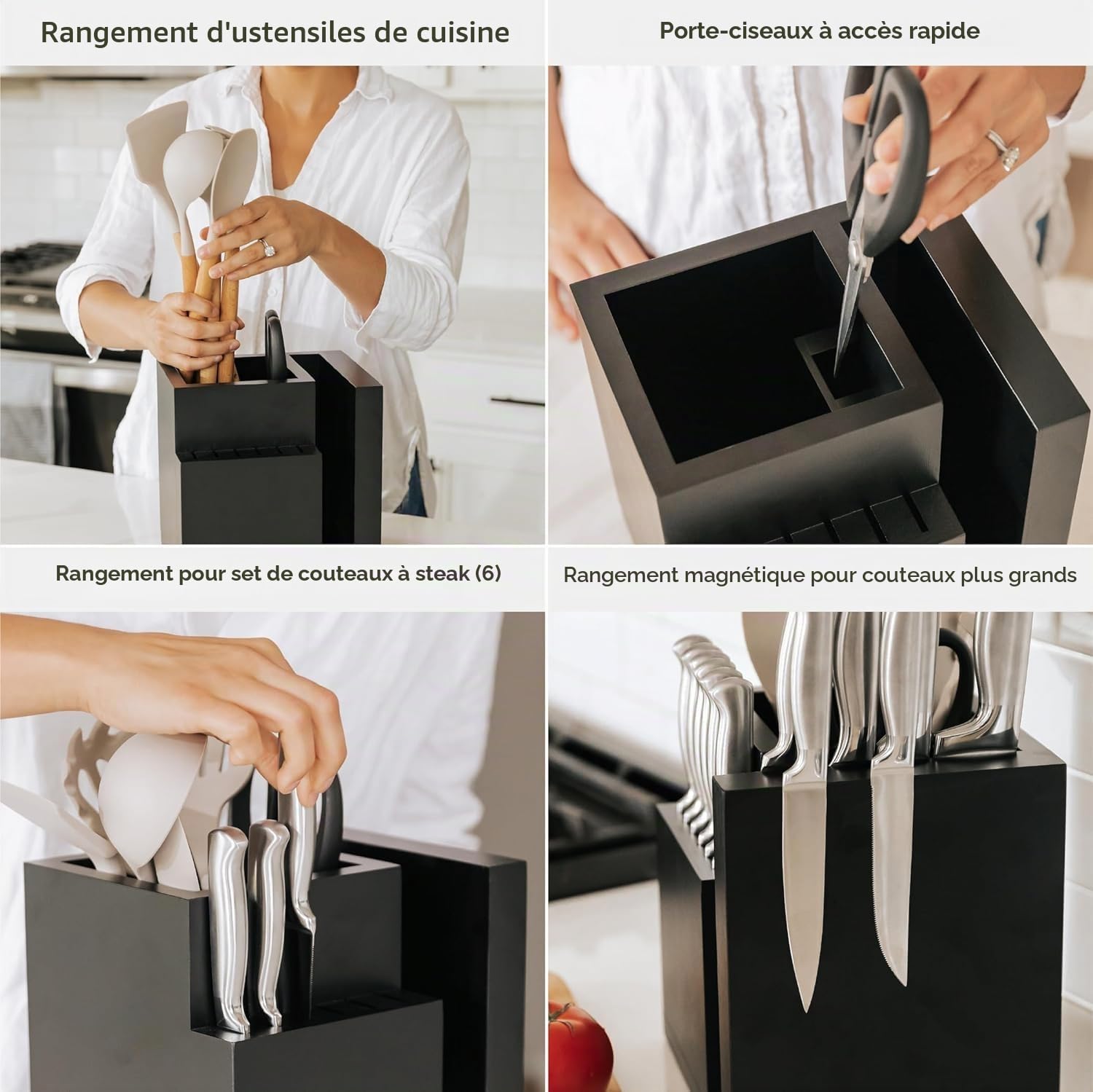 KitchenEdge Bloc de couteaux magnétique en bambou et porte-ustensiles de cuisine, rangement élégant pour couteaux de chef, couteaux à steak, spatules, ciseaux, pieds en caoutchouc antidérapants, noir