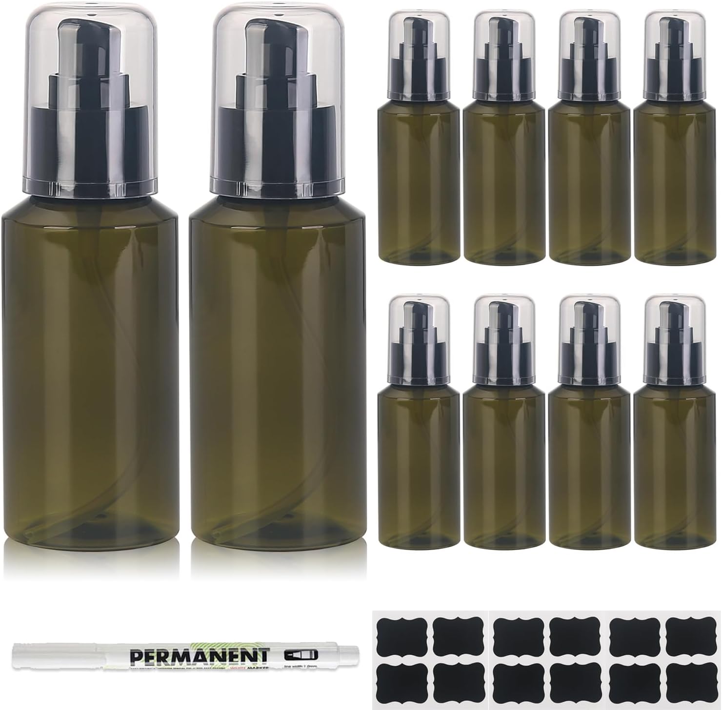 SOOKDEO Mini Dispenser Portable Free Refillable Bottle with Pump & Lid for Travel Shampoo Conditioner Shower Soap Work Hand Dish Soap Lotion Makeup Essential Oil, 10 Pack, 3oz, 100ml (Green)