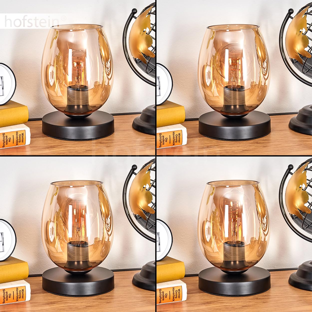 Tischleuchte Koyoto, Tischlampe aus Metall/Glas in Schwarz/Bernsteinfarben, Leuchte im modernen Design mit Schirm aus Glas (Ø 15 cm) u. An/-Auschalter am Kabel, 1 x E27, ohne Leuchtmittel
