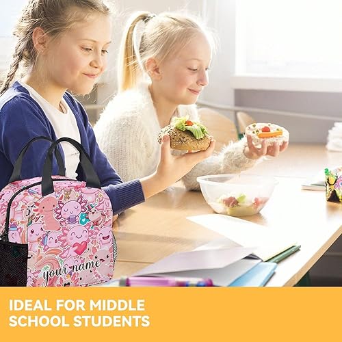 Miniatura 7 de Bolsa de almuerzo personalizada con ajolote para niños, pequeñas bolsas de almuerzo aisladas, bonita lonchera reutilizable para mujeres, bolsas de