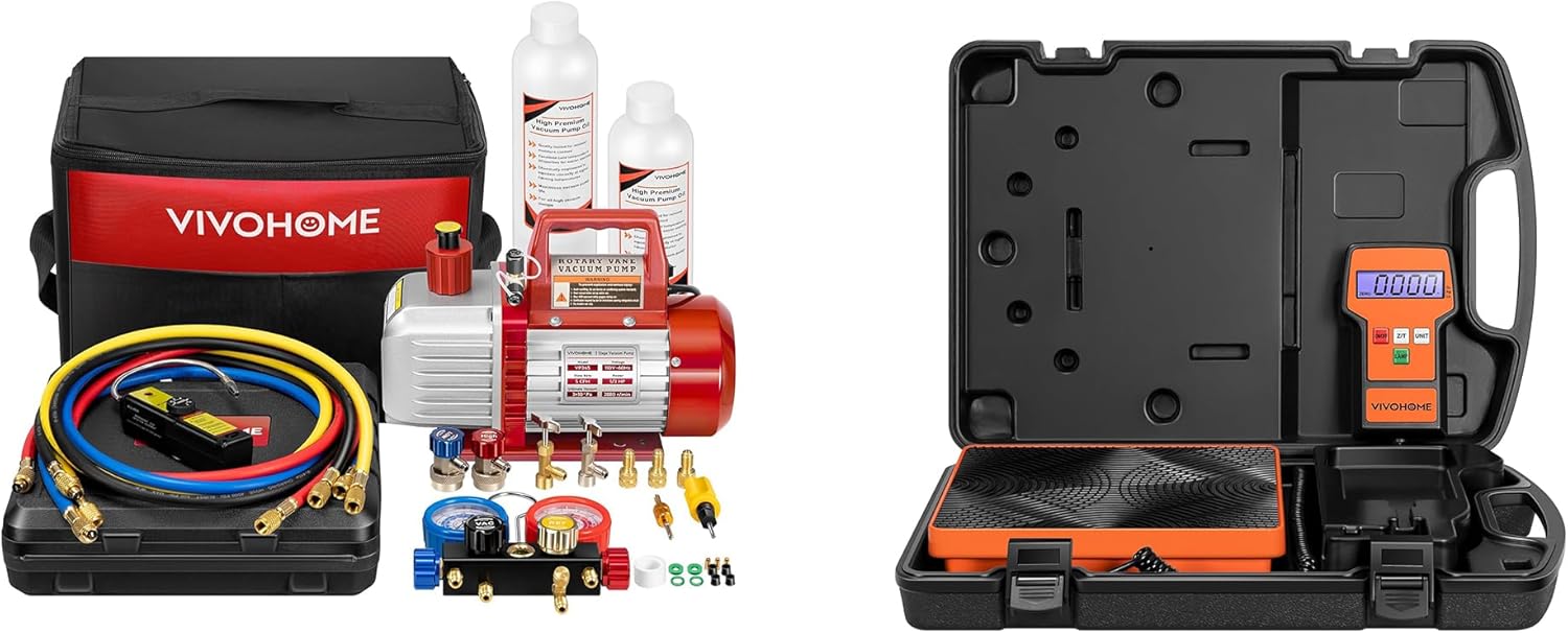 VIVOHOME 110V 1/2 HP 5CFM 2 Stage HVAC Vacuum Pump and 4 Way AC Manifold Gauge Set Kit with 220 LBS High Precision Electronic Digital Refrigerant Charging Weight Scale