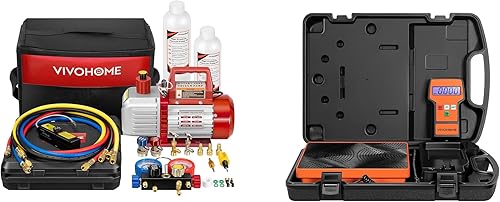 VIVOHOME Bomba de vacío HVAC de 2 etapas y 110 V 12 HP 5CFM y kit de manómetro de CA de 4 vías con báscula electrónica de carga de refrigerante