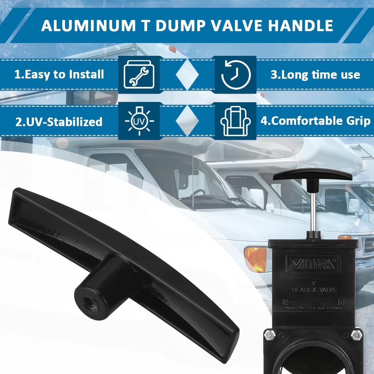 Black Aluminum RV T Handle Dump Waste Valve Handle Replacement | Universal Size, aluminum upgrade waste handle, fits 1.5/2/3" dump gates, gray & black tank valves