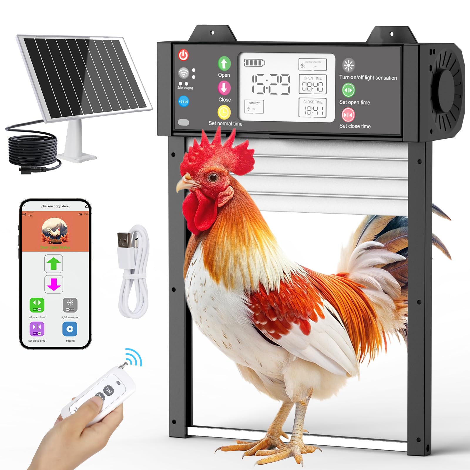 SARELLIT SARELLIT Hühnerklappe Automatische Solar mit Fernsteuerung über TUYA App & Fernbedienung, Echtzeit-Status, WLAN Automatische Wiederverbindung, Timer & Lichtsensor, Klemmschutz, 4000mAh Batterie