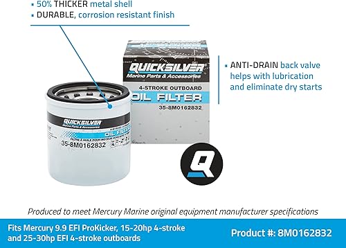 Miniatura 7 de Quicksilver 8M0162830 Filtro de aceite - Mercury and Mariner Fueraborda de 4 tiempos 25 HP a 115 HP