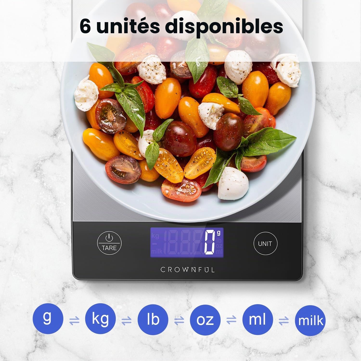 CROWNFUL Balance de cuisine rechargeable 15 kg, poids en grammes et onces pâtisserie et cuisine, chargement C, écran LCD, acier inoxydable 304