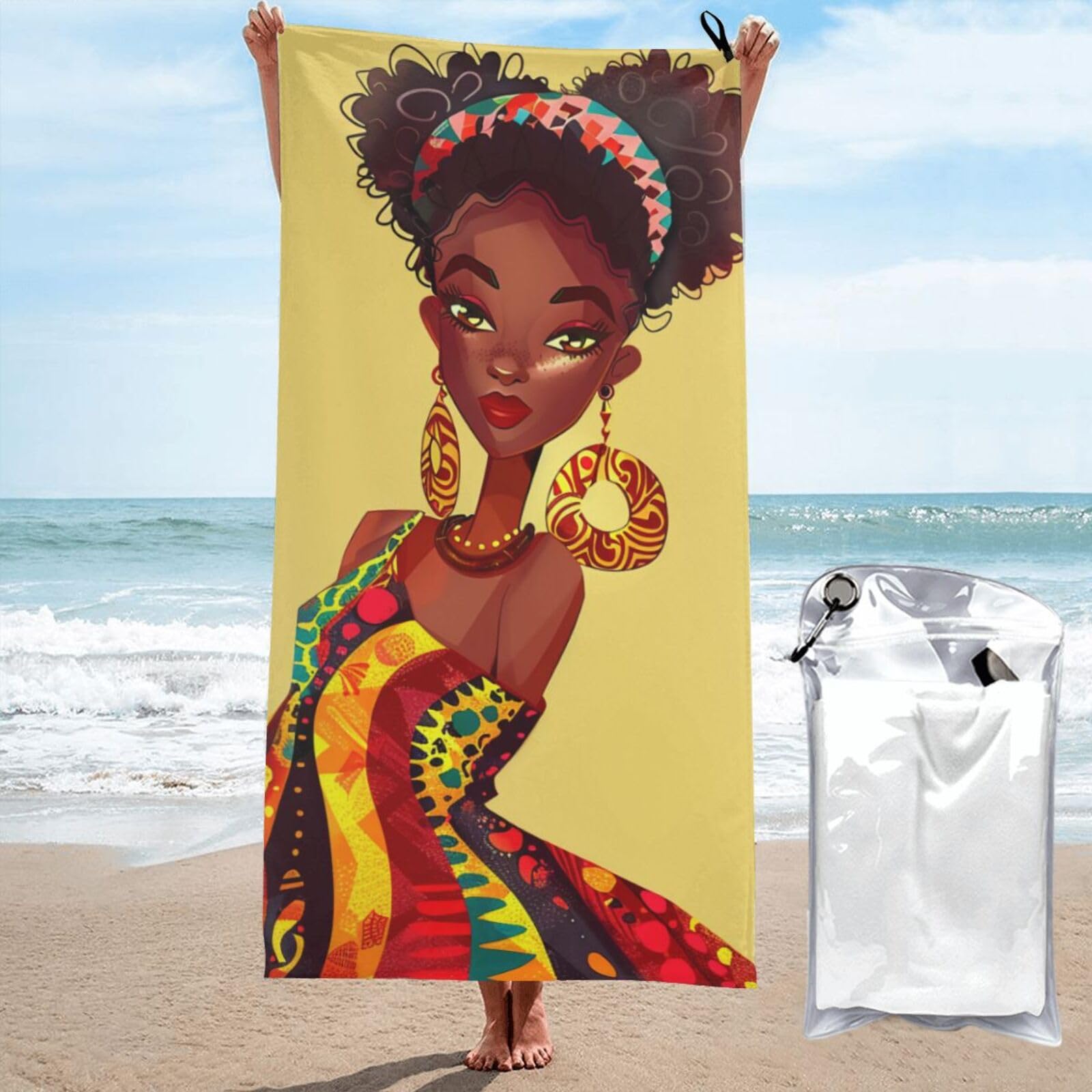 kkvhhyuo Microfiber Beach Towel, traditional african girl painting Printed Lightweight Quick Dry Travel Bath Sheet with Compact Carry Bag for Swimming Yoga Camping Gym,27.5"x55"