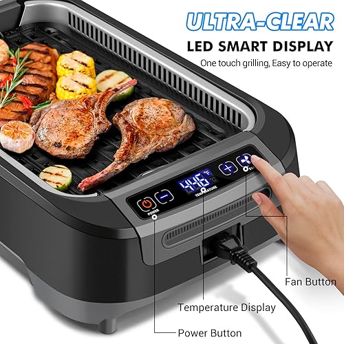 Miniatura 2 de CUSIMAX Parrilla eléctrica para interiores, parrilla coreana sin humo de 1500 W con pantalla LED inteligente y tapa de vidrio templado, placa