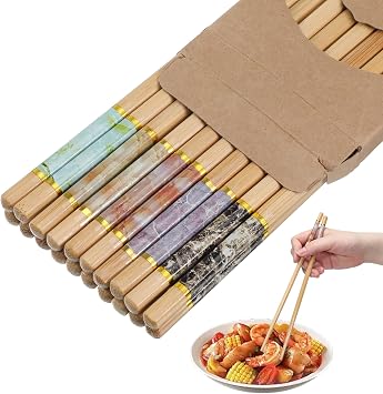 10 Pairs Bamboo Chopsticks, Reusable Chinese Chopsticks, Wooden Chopstick, Dishwasher Safe and Non Slip Chopstick, Chinese Style Chop Stick Set for Noodles, Hot Pot, Dumplings, Sushi, Ramen 9.45Inch