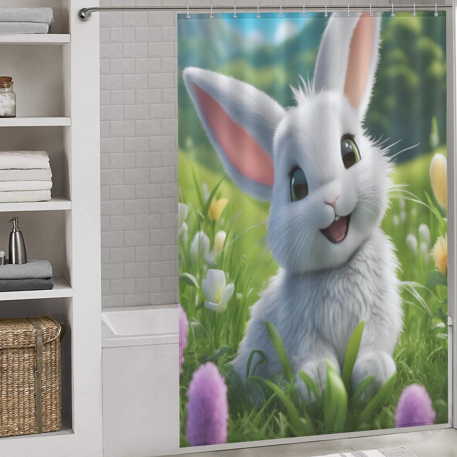 Rideau de douche lapin mignon imperméable lavable avec 12 anneaux pour baignoire 152x183cm