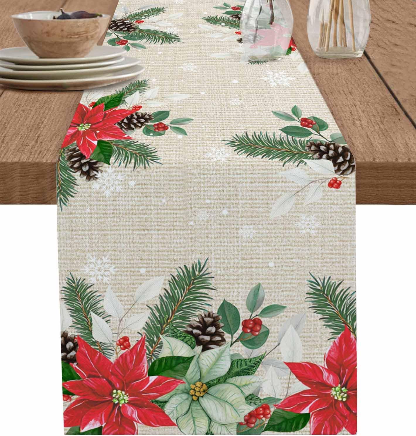 Christmas Table Runner 120 Inches Long Farmhouse Dress Scarves, Xmas Eucalyptus Leaves Poinsettia Pine Cones Burlap Dining Tablerunner for Coffee Table/Kitchen Island/Party Décor, 13" x 120"