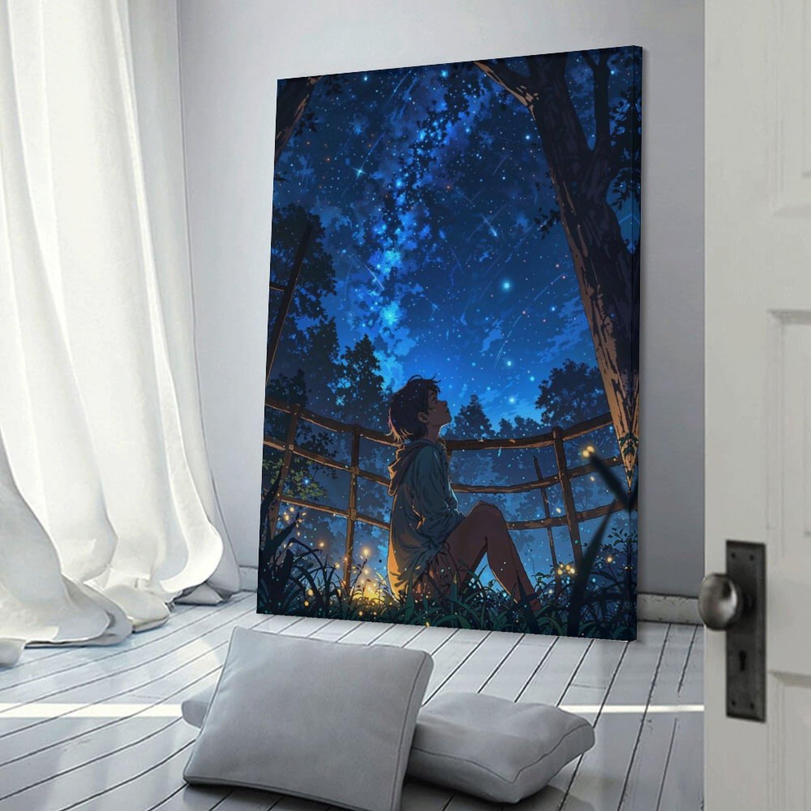 Junmoney Starry Night Contemplation Canvas Wall Decor 24x36inch(60x90cm), for Flats, Guest Rooms Or Compact Rooms, Home Artwork for Modern Interiors