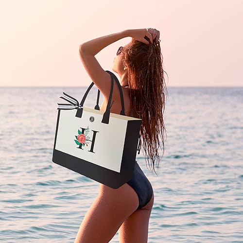Miniatura 166 de Initial Canvas Tote Bag, Personalized Birthday Gifts for Women Mom Friends Teachers, Monogrammed Tote Bags Suitable for Mother's Day Wedding Beach