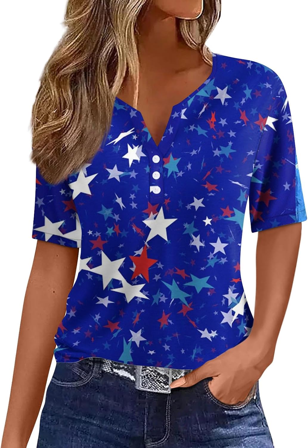 Women's 4Th of July Shirt, Short Sleeve Henley Neck Casual Tops American Flag Graphic Shirts, S-3XL