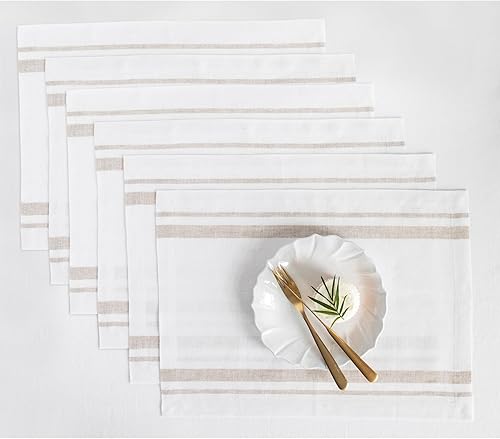 Solino Home Juego de 6 manteles individuales de lino a rayas francesas, 100 % lino puro, 14 x 19 pulgadas, color natural y blanco, lavables, para