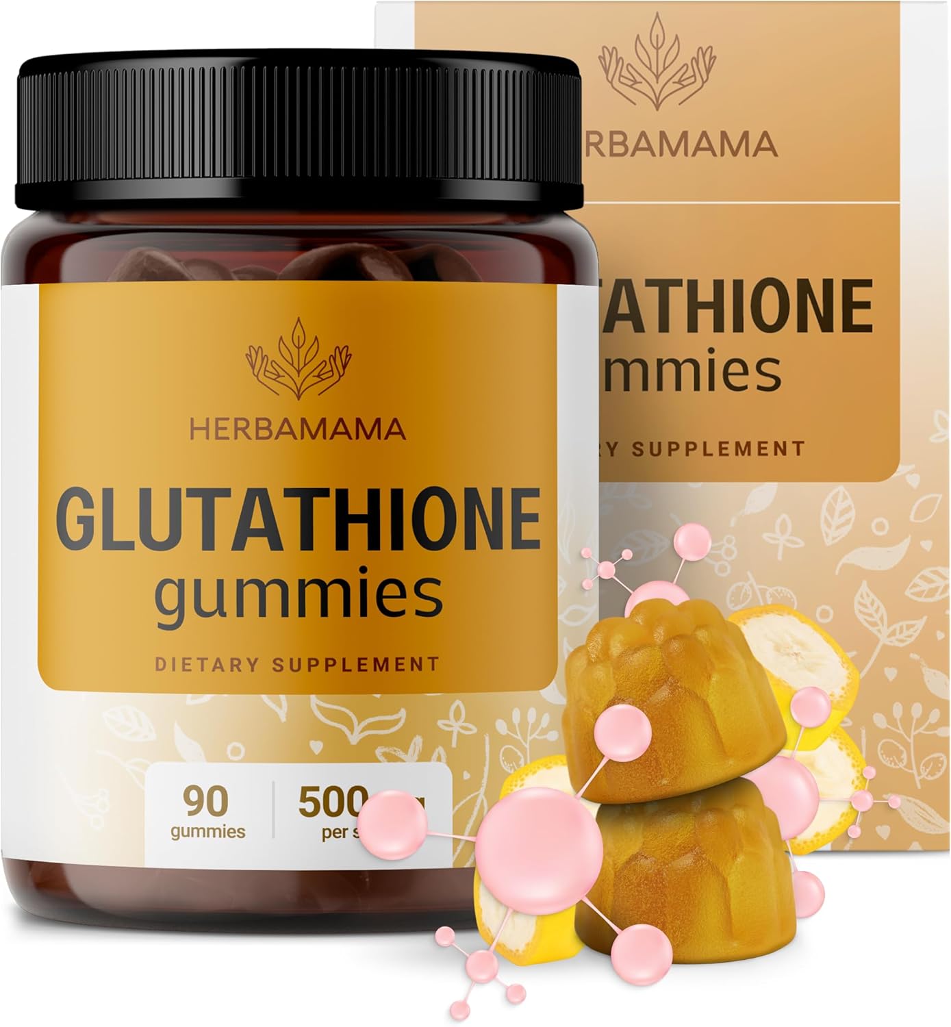 HERBAMAMA Reduced Glutathione Gummies - 500mg L-Glutathione for Liver Cleanse Support - Vegan, Non-GMO Liver Supplement - 90 Pectin-Based Banana-Flavored Chews.