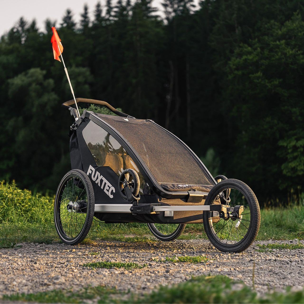 Fuxtec 2in1 Fahrradanhänger Buggy mit Joggerrad FX-FA1-SET mit Anhänger für 2 Kinder aus Aluminium - Faltbarer Kinderanhänger mit Regen- und Sonneschutz