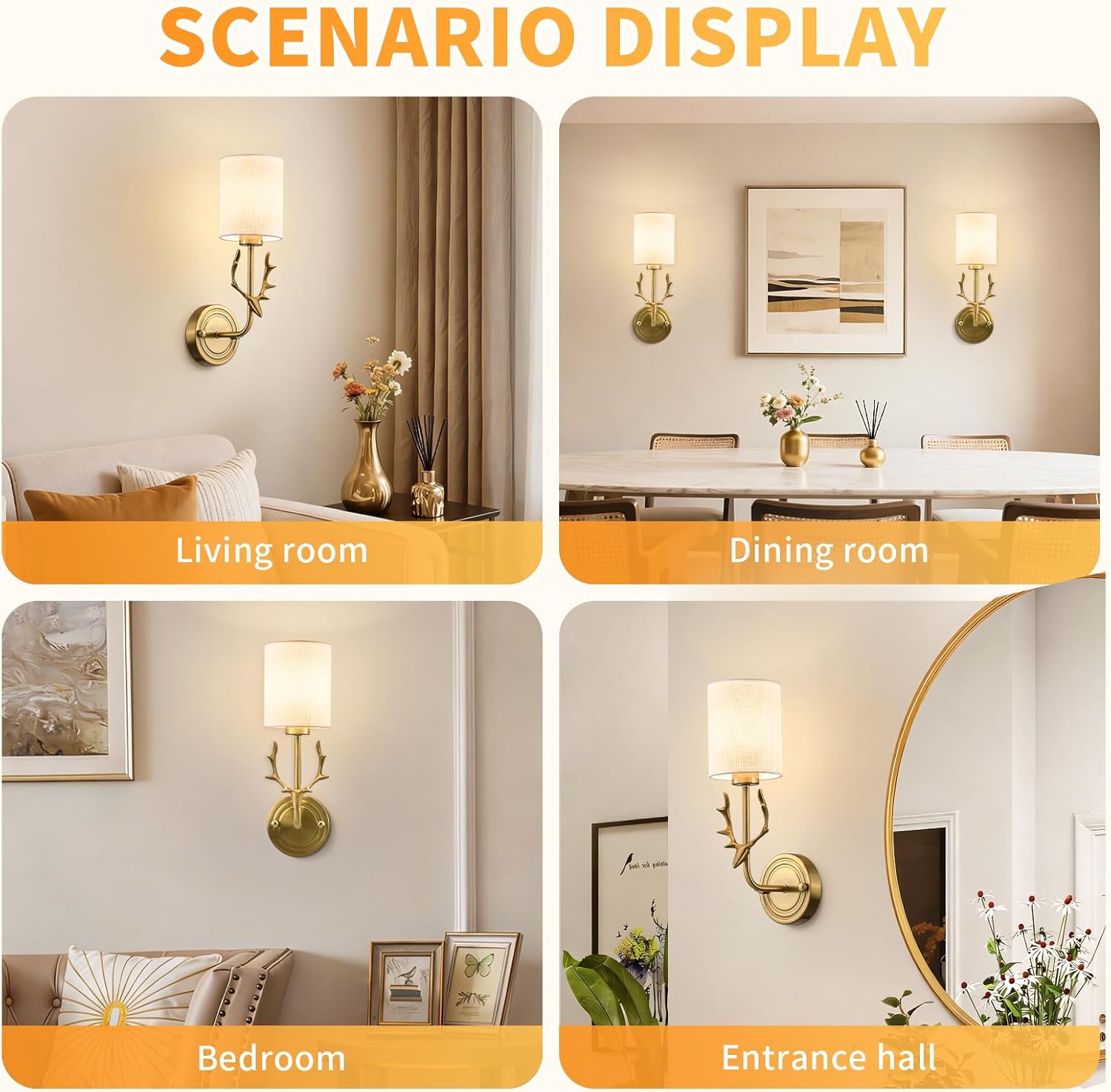 Cordless Wall Sconces Set of 2, 10000mAh Rechargeable RGB LED Lamps, Retro Antler Design, Remote & Timing, Dimmable Gold Night Light for Gallery Wall Art, Living Room, Bedroom, Hallway, Home Decor