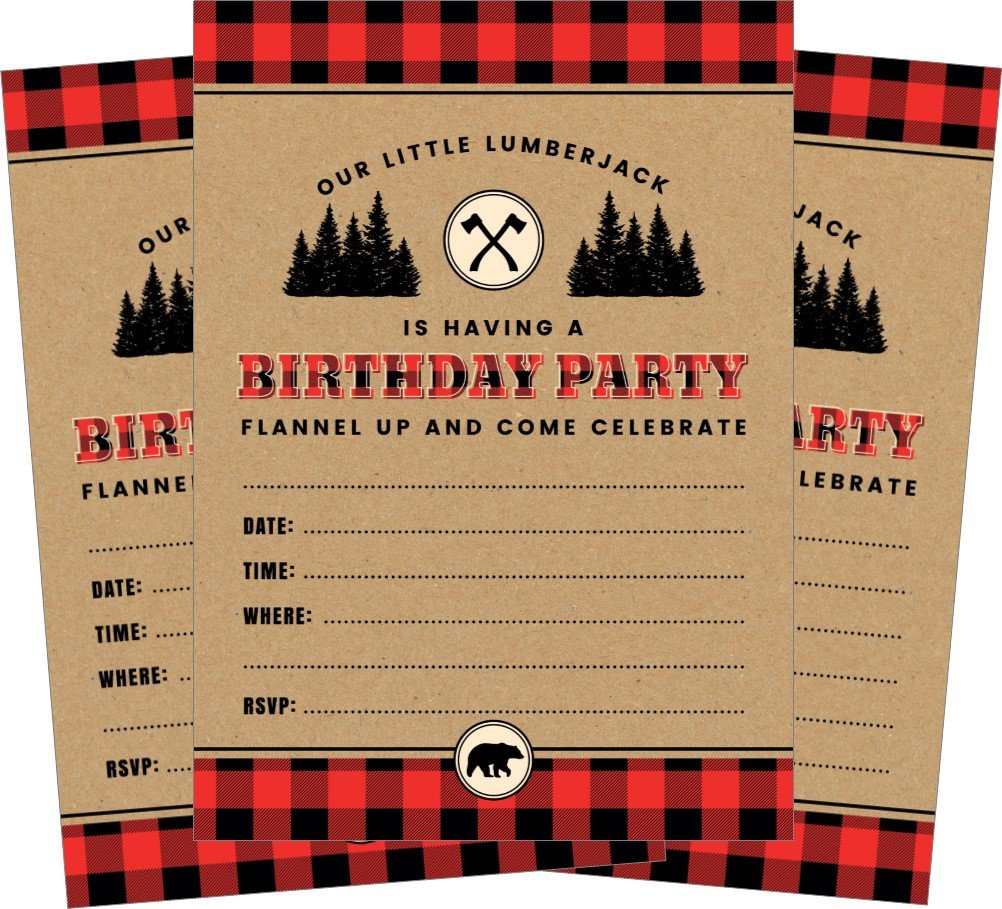 24 Lumberjack Bear 5x7 Birthday Party Invitations and 24 White Envelopes