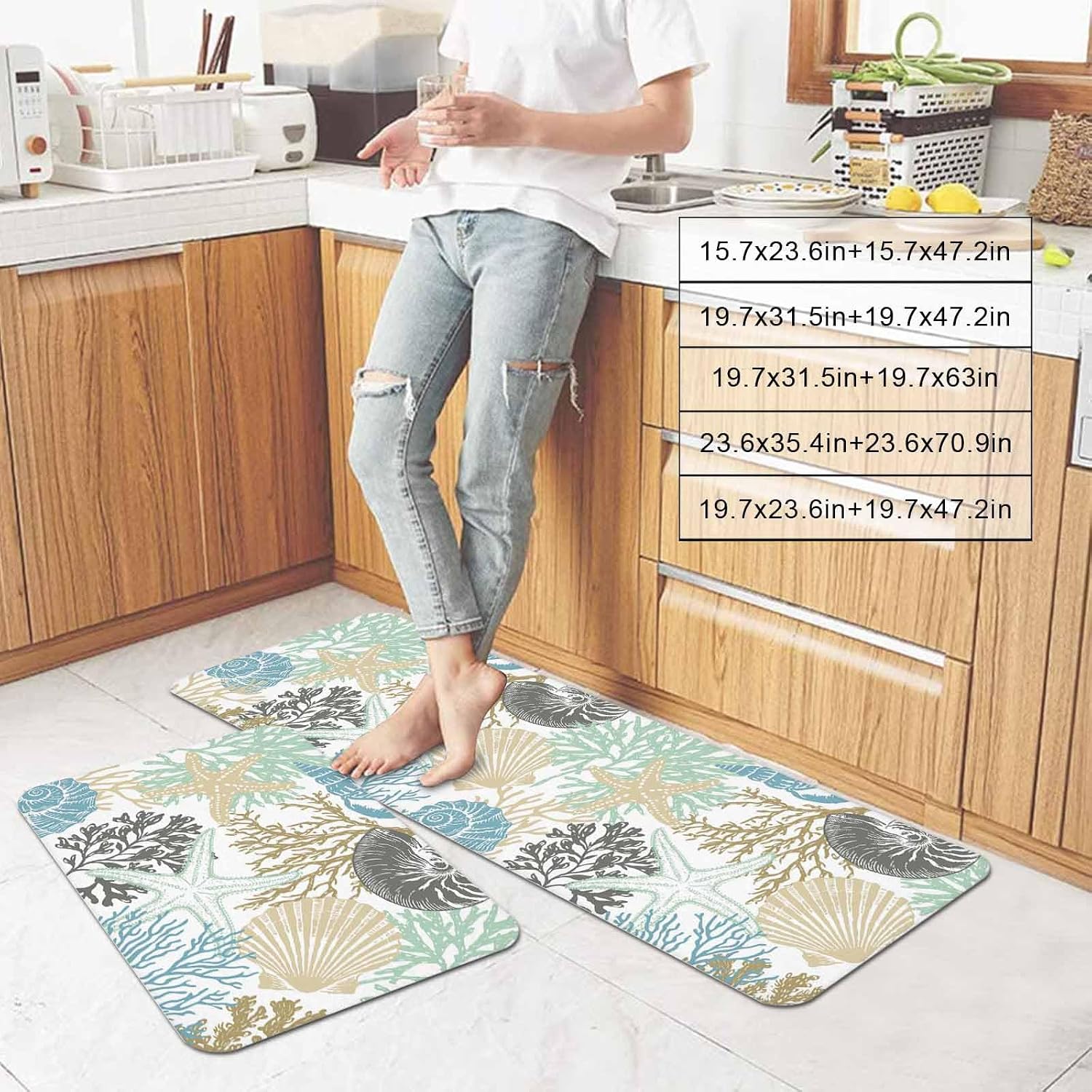 Summer Marine Life Kitchen Mats Set of 2 Graffiti Corals Shell Sea Conch Starfish Colorful Non Slip Mat Washable Floor Rug for Kitchen Sink Floor Laundry, 20"x24"+20"x48"