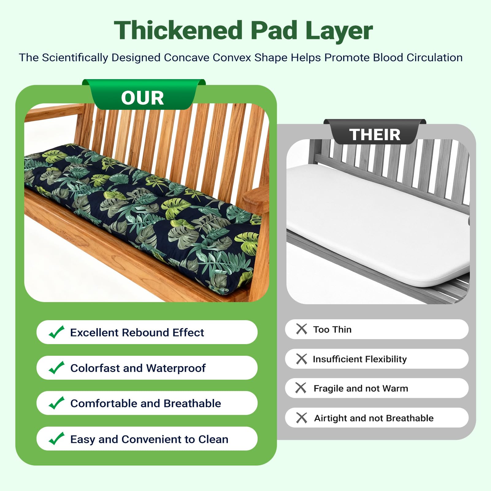 Bench Cushion Outdoor Garden Waterproof: Thick Fade Resistant Rectangle Replacement Sitter Pad with Tie-On Straps for 2-3 Seater Indoor Patio Porch Window Kitchen Dining Chairs (Green, 130X50X10cm) — view 3