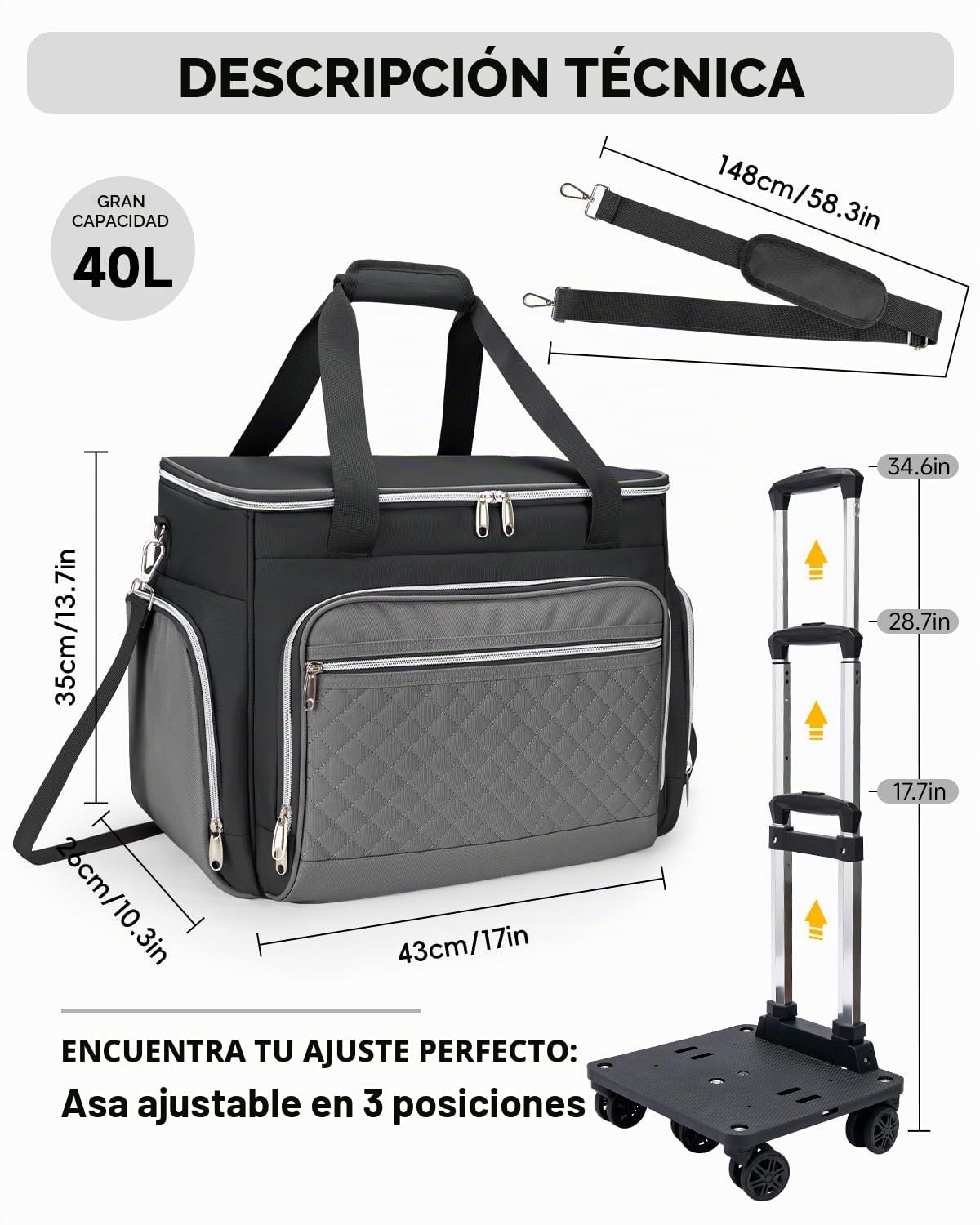 Amythe Bolsa de Mano con 5 Ruedas para Profesores con Organizador de Archivos de Acordeón, Maletín para Portátil con Compartimento para Portátiles, Negro
