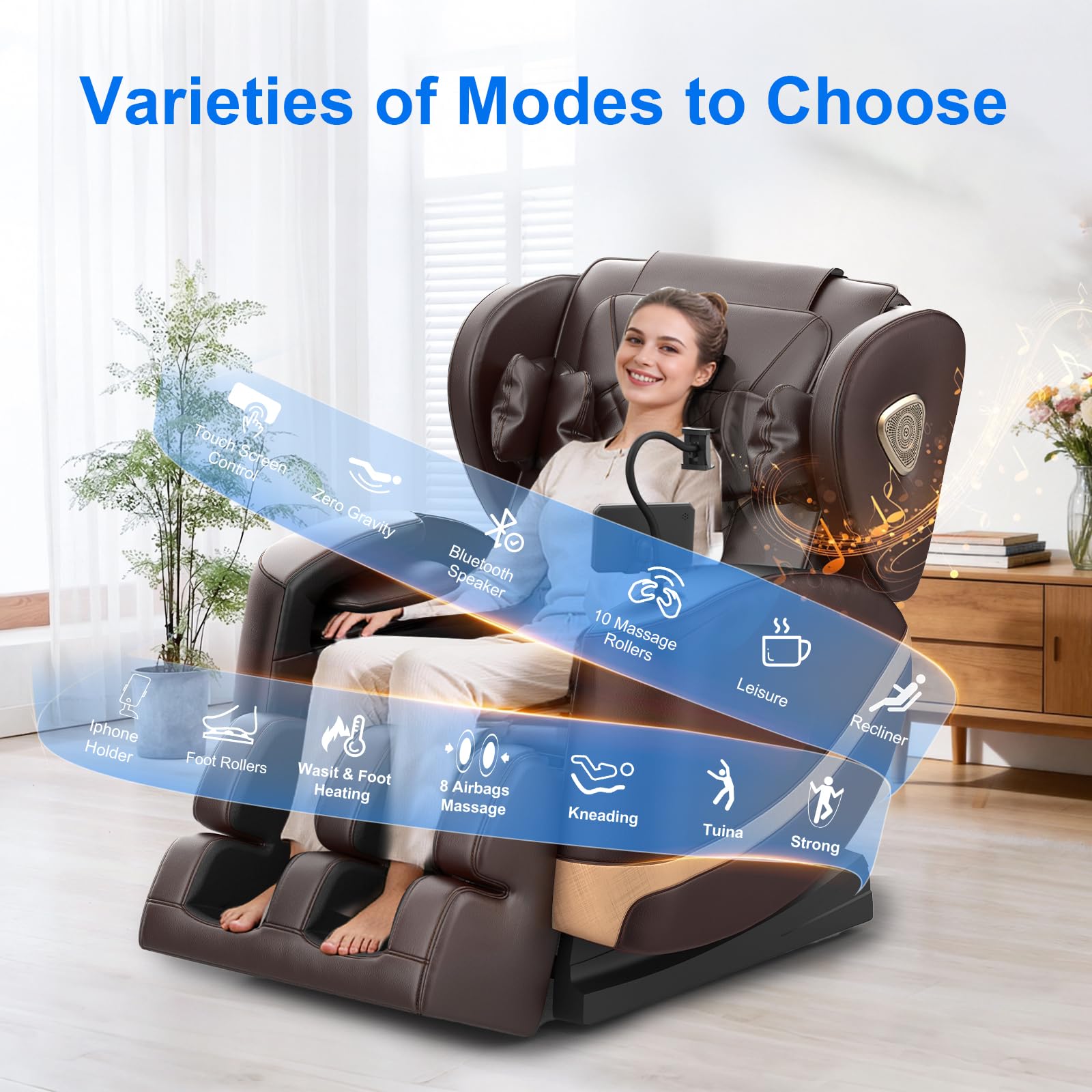 Sillón de Masaje, con Modo de Gravedad Cero, 14 Ruedas y 8 Airbags de Confort, con Calefacción para Cintura y Piernas, Masaje de Pies, Reproductor Bluetooth y Pantalla Táctil (Marrón)