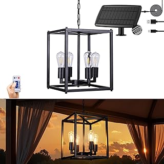 Solar Chandelier Outdoor, 14" Farmhouse Waterproof Dimmable Hanging Pendant Lights for Gazebo, Pergola, Canopy