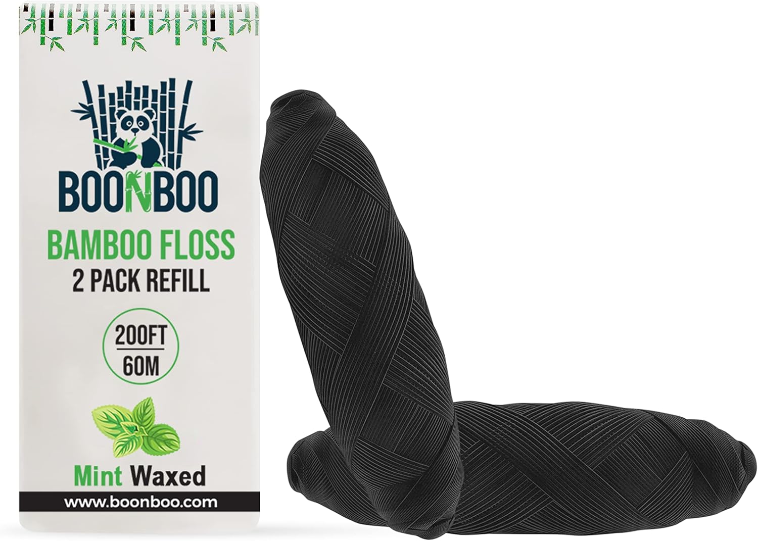 BOONBOO Bamboo Charcoal Dental Floss + 2pcs Refill + 600ct Cotton Swabs + Toothbrushes