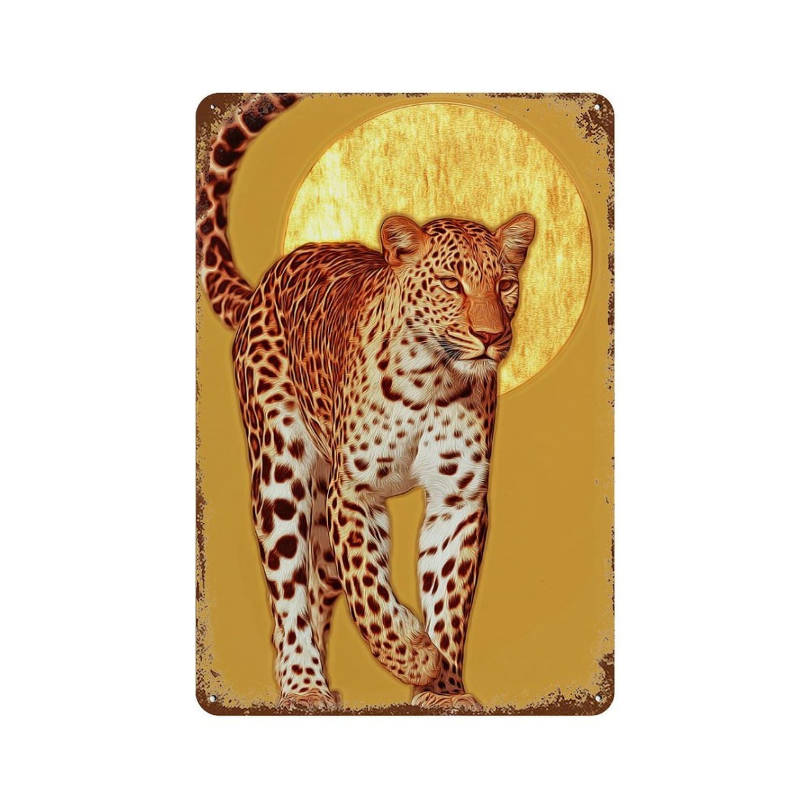 Golden Leopard Sunset Aged Metal Wall Plaque 11.8"x7.9", for Garage, Bar And Workshop Decor, Farmhouse Wall Decor