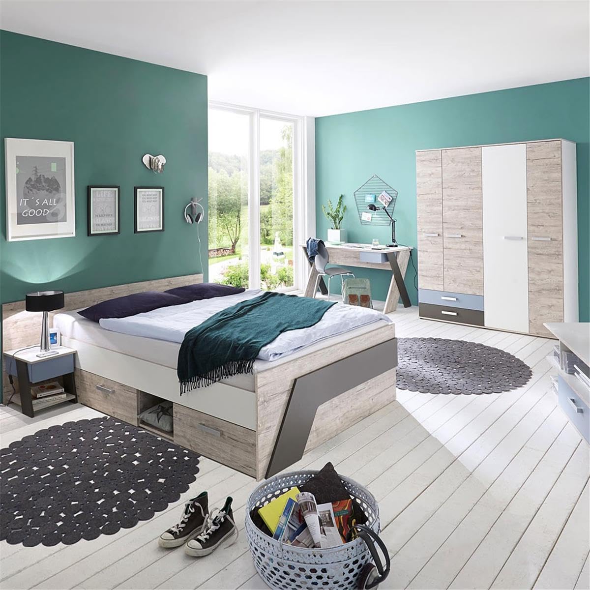 Lomadox Jugendzimmer Kinderzimmer Komplett Set, Eiche mit weiß Lava blau, 140x200 cm Kojenbett, Kleiderschrank, Schreibtisch, Nachttisch