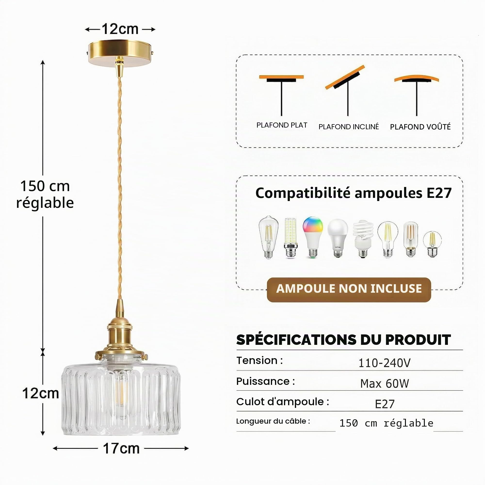 Luminaire Suspension Industriel Vintage en Verre Clair, Douille E27 en Laiton avec Interrupteur, Lampe Suspendu Réglable en Hauteur, Lustre pour Cuisine, Chambre, Salle à Mange